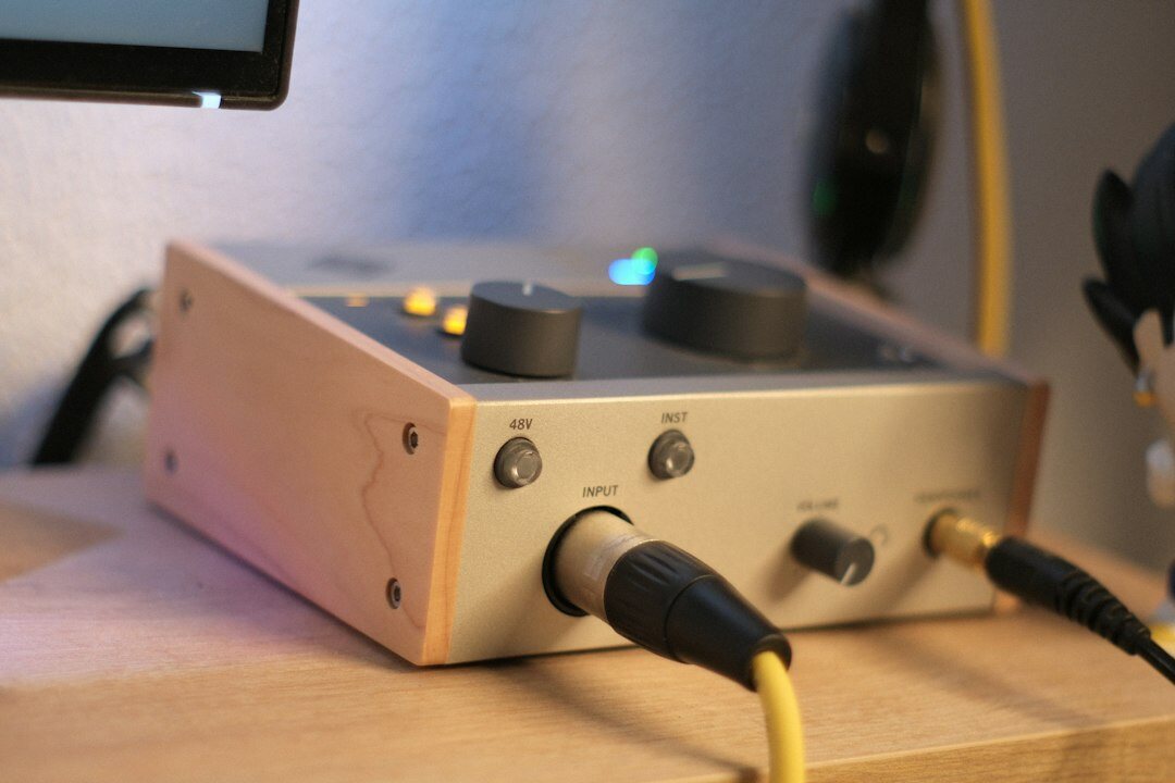 Podcast studio with microphones and recording equipment